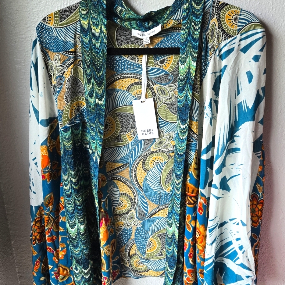 NWT rose + olivia tropical print shawl open cardigan womens size XL